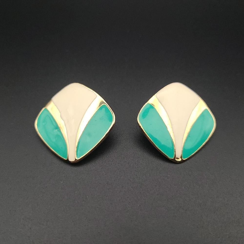 80s Gold Tone & Turquoise Enamel Clip-On Earrings Geometric Retro